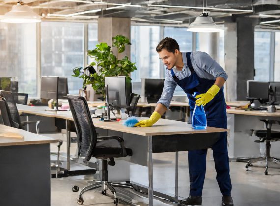 Firefly en lokalvårdare som dammar av skrivbord på ett stort kontor 72114